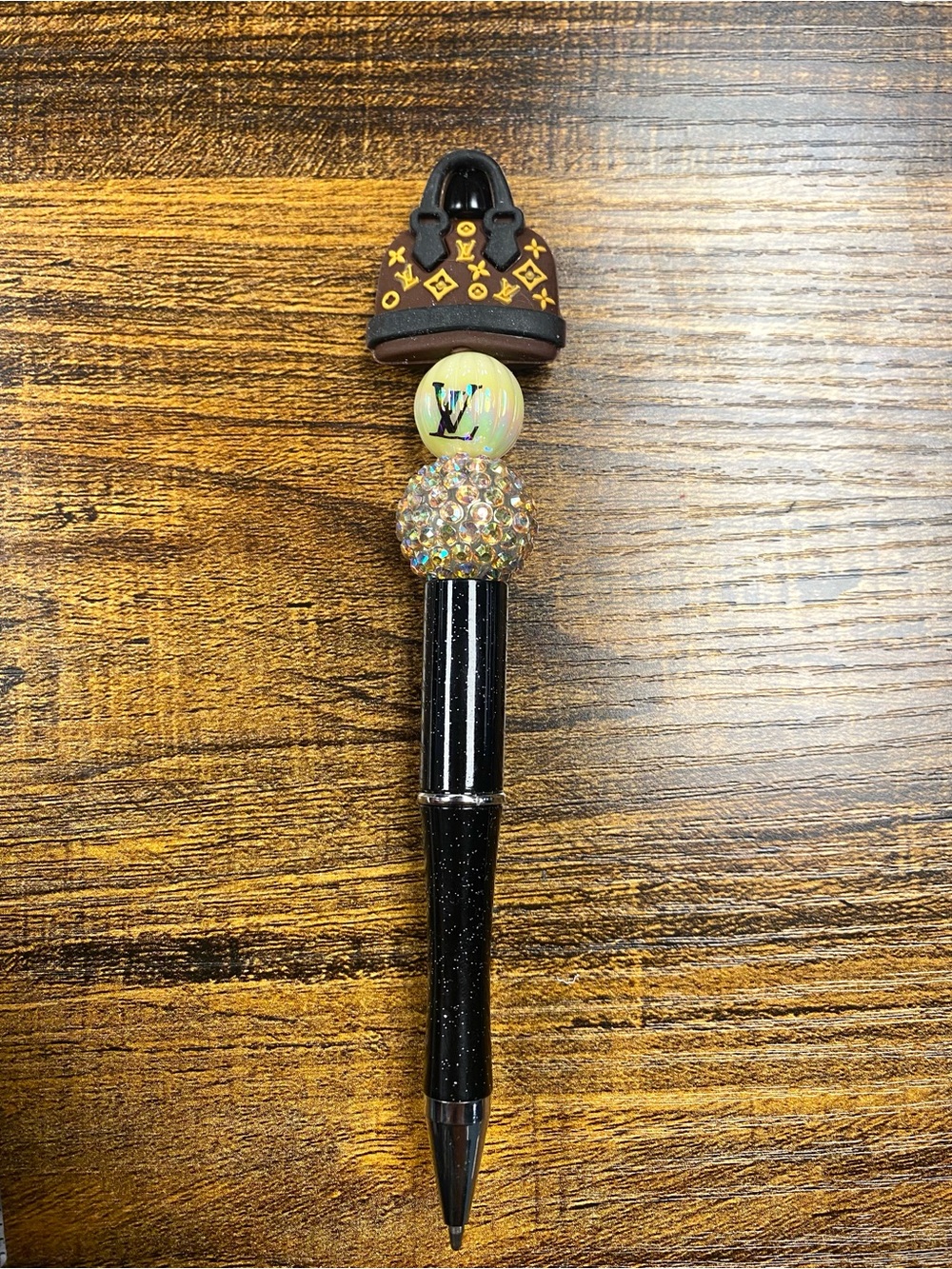 New Fancy Designer Black Crystal Ballpoint Pen with Brown Bag Charm W/ refill
